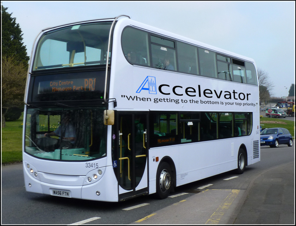 Picture of Accelevator's London office double decker bus, now providing city tours to prospective buyers.