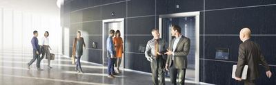 News head image showing people mingling and talking around elevators in a building