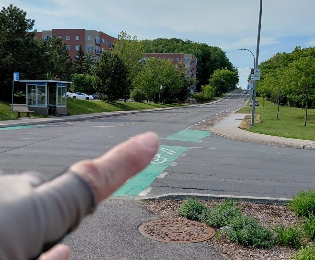 Image shows an intersection of a road with a green painted crosswalk and in the background a road can be seen sloping upwards. In the foreground there is a hand with a finger pointing up the hill. Trees can be seen lining the street.