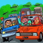 Cartoon image showing several cars and trucks with people in them yelling at each other.