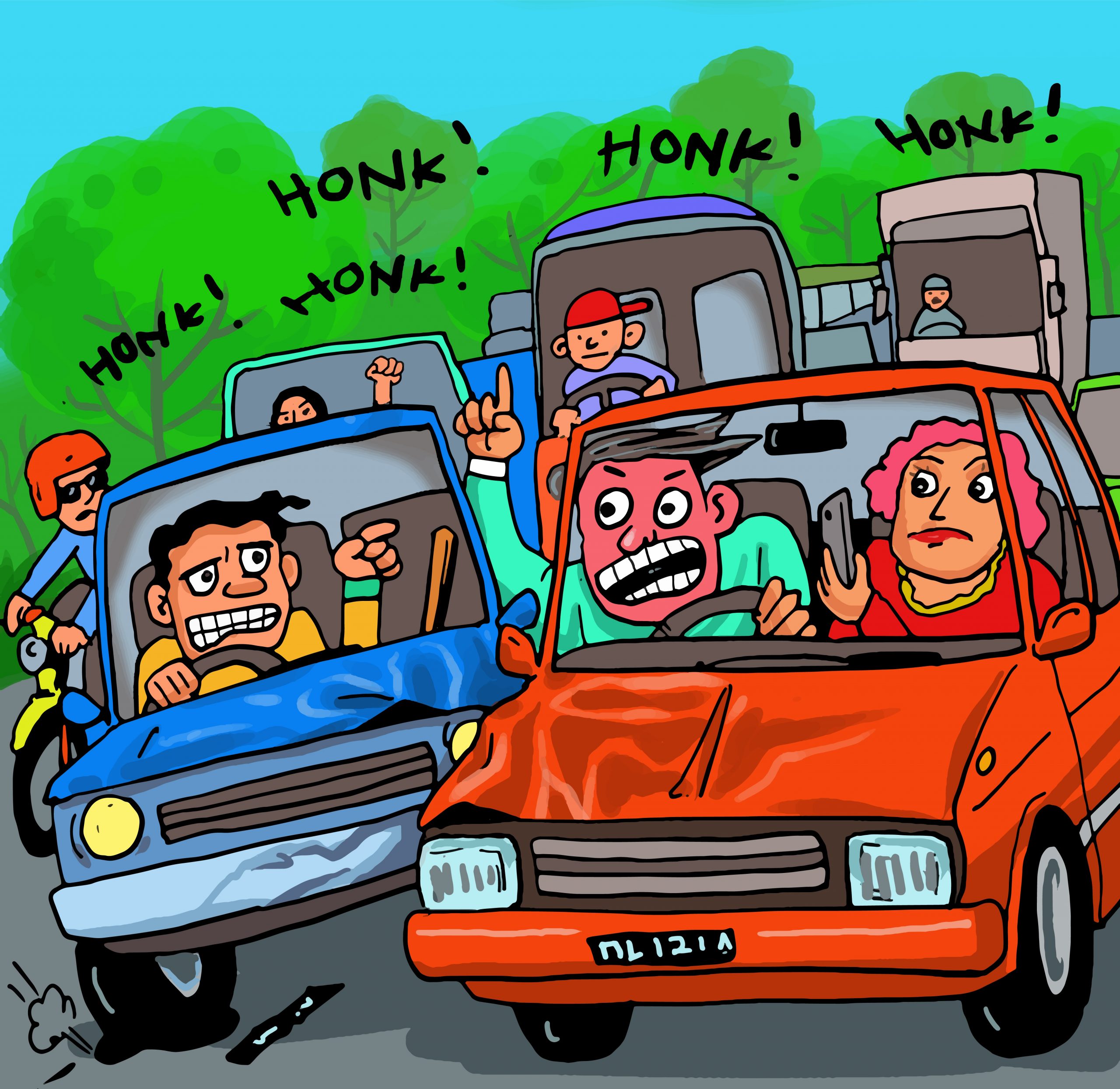 Cartoon image showing several cars and trucks with people in them yelling at each other.