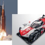 Image is a composite of the NASA SLS, a large orange coloured rockets with two white side boosters taking off and on the right is a picture of a red and white Toyota Race car used in the Lemans series races.